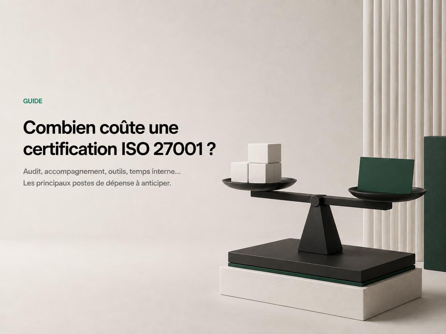 Balance noire mettant en regard une carte verte et cinq blocs blancs représentant les postes de coût d'une certification ISO 27001.