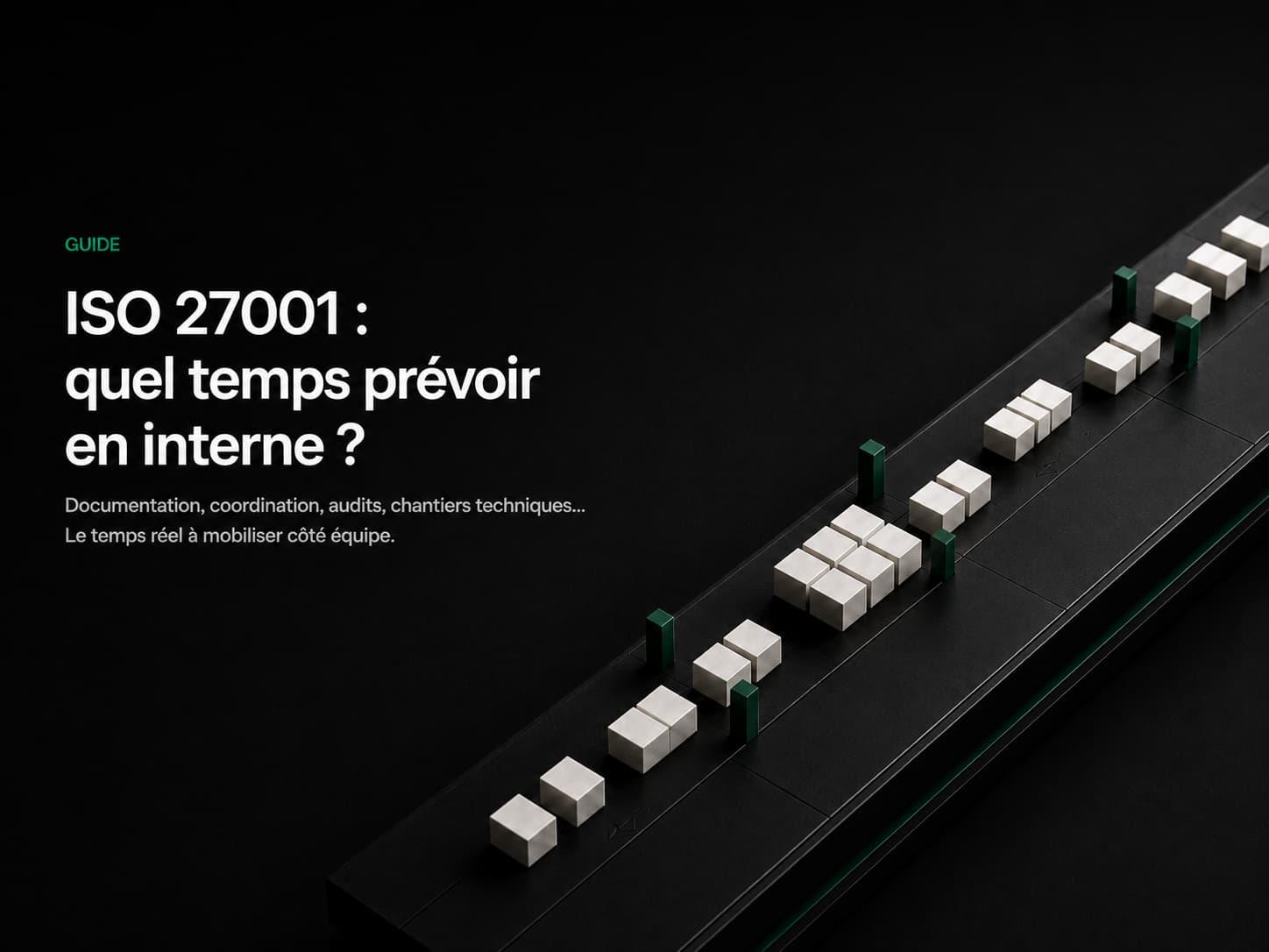 Suite de blocs blancs et de repères verts sur une ligne noire, à côté du texte ISO 27001 : quel temps prévoir en interne ?